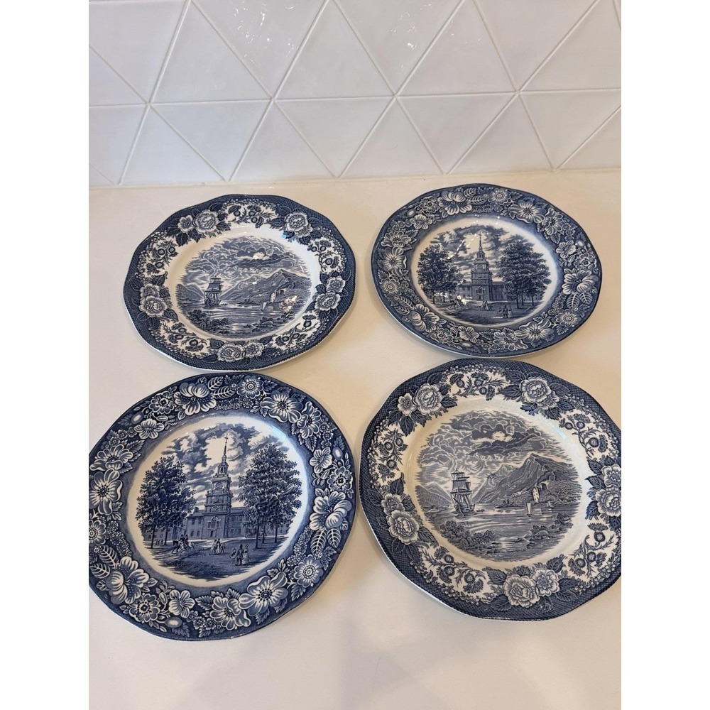 Vintage Blue Transferware Plates Lot of 4 Liberty Blue Royal‎ Warwick England